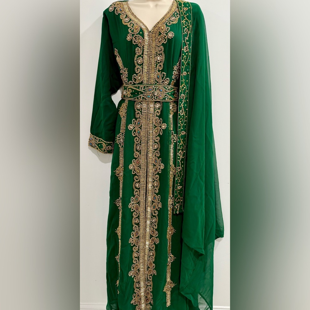 Dubai Emerald Green Kaftan Gown | Wedding Eid Diwali Formal Dress with Dupatta